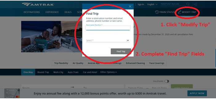 Modify Trip Screenshot on Amtrak.com