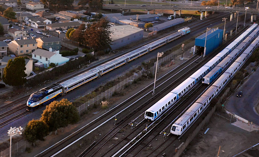 Drone footage of Capitol Corridor and BART trains in Richmond