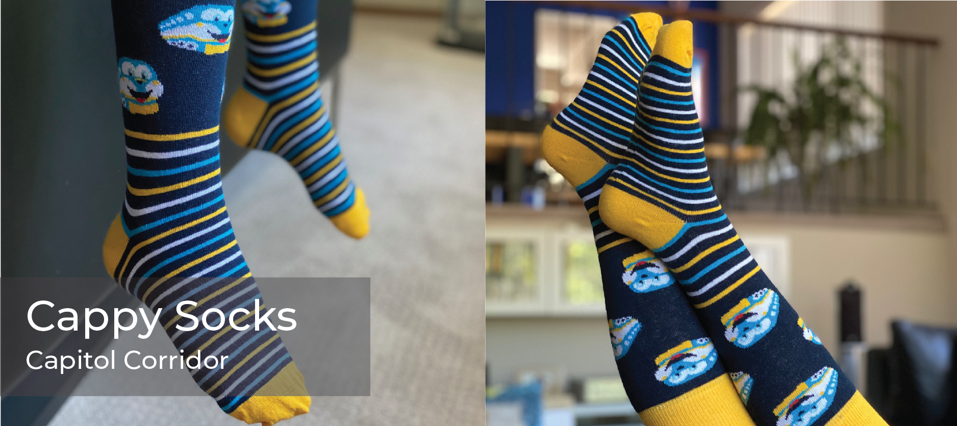 Feet with Capitol Corridor branded socks