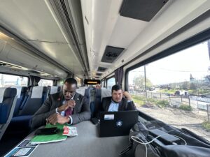 CA Transportation Secretary Toks Omishakin and CCJPA Deputy Director Leo Sanchez on board a Capitol Corridor train.