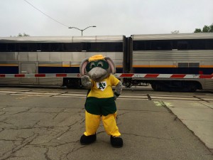 Stomper on location for Capitol Corridor's rail safety video shoot.