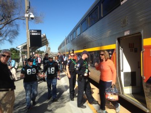 Fans exit the train at the Santa Clara/Great America Station.